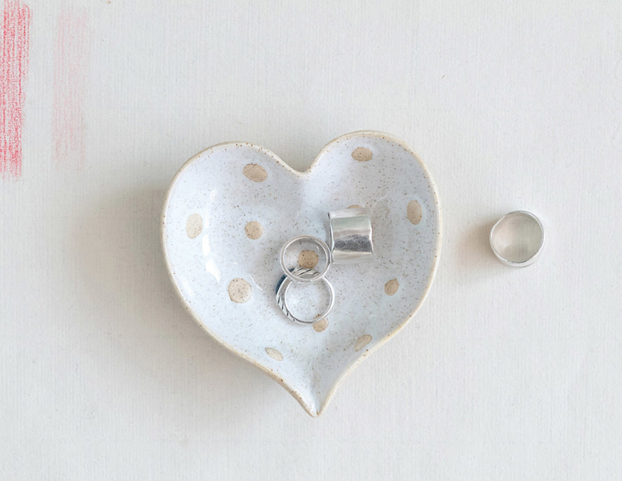 Stoneware Heart Shaped Dish w/Dots 4”L 4”W