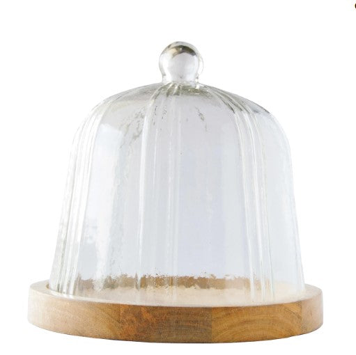 Recycled Glass Pleated Cloche w/ Mango Wood Base