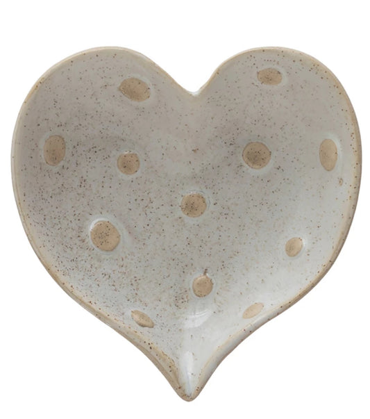 Stoneware Heart Shaped Dish w/Dots 4”L 4”W